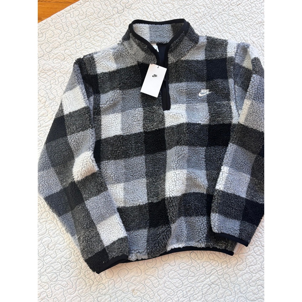 Nike Mens Sherpa Fleece Half Zip Pullover Buffalo Plaid Grey Black Size Small